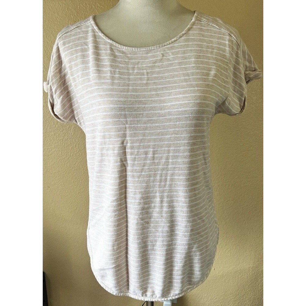 Cupio Beige/White Striped Knit T-Shirt Top Stretch Roll Tab Sleeve Round Neck